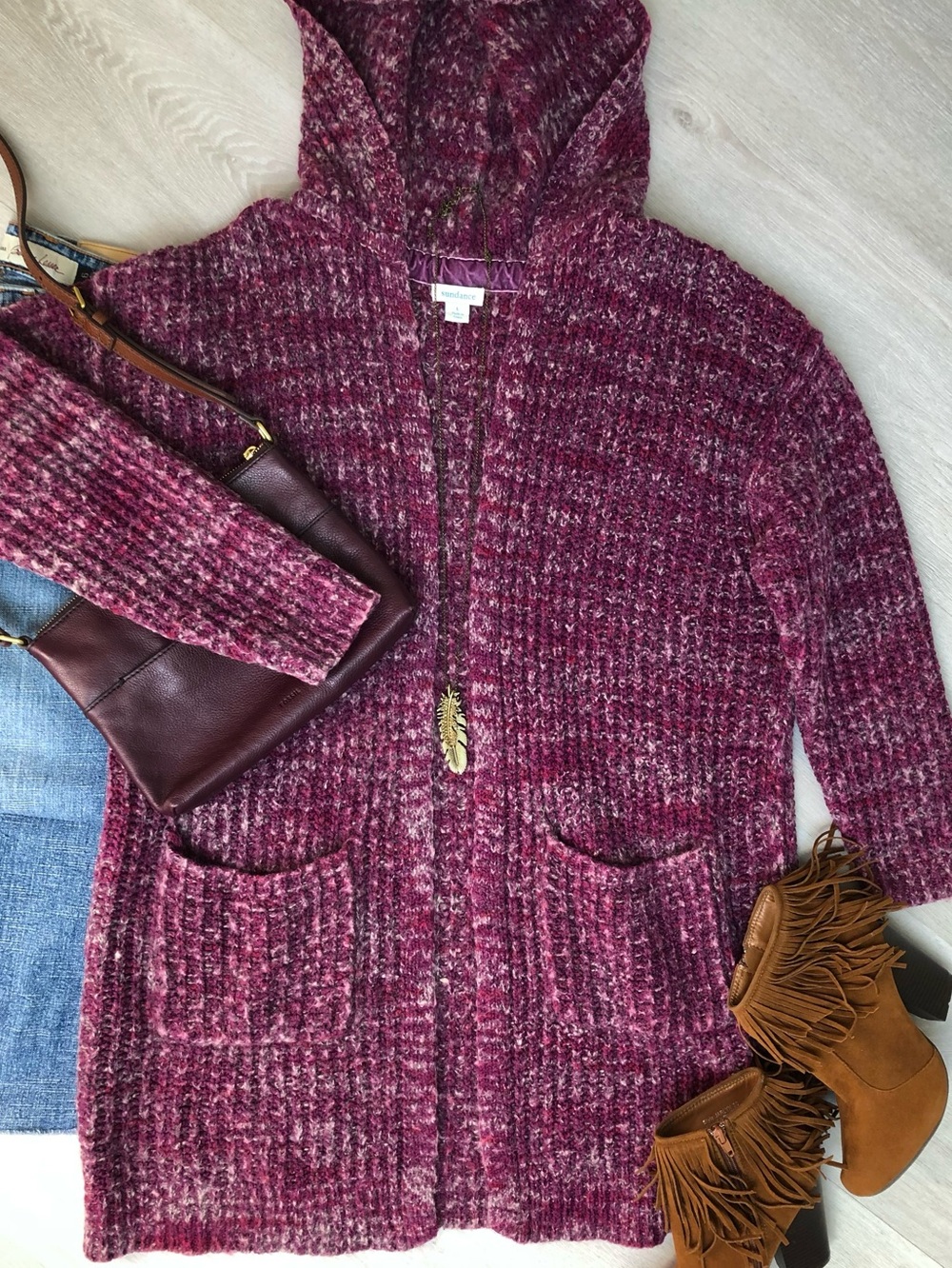Sundance Luxe Hooded Chunky Cozy Open Cardigan Size Large